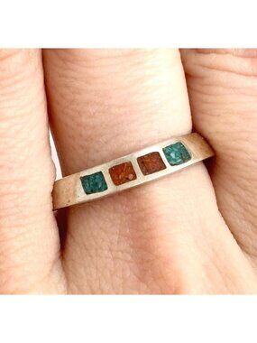 Turquoise & Coral Chip Inlaid Southwest Style Sterling Silver 925 Vintage Ring